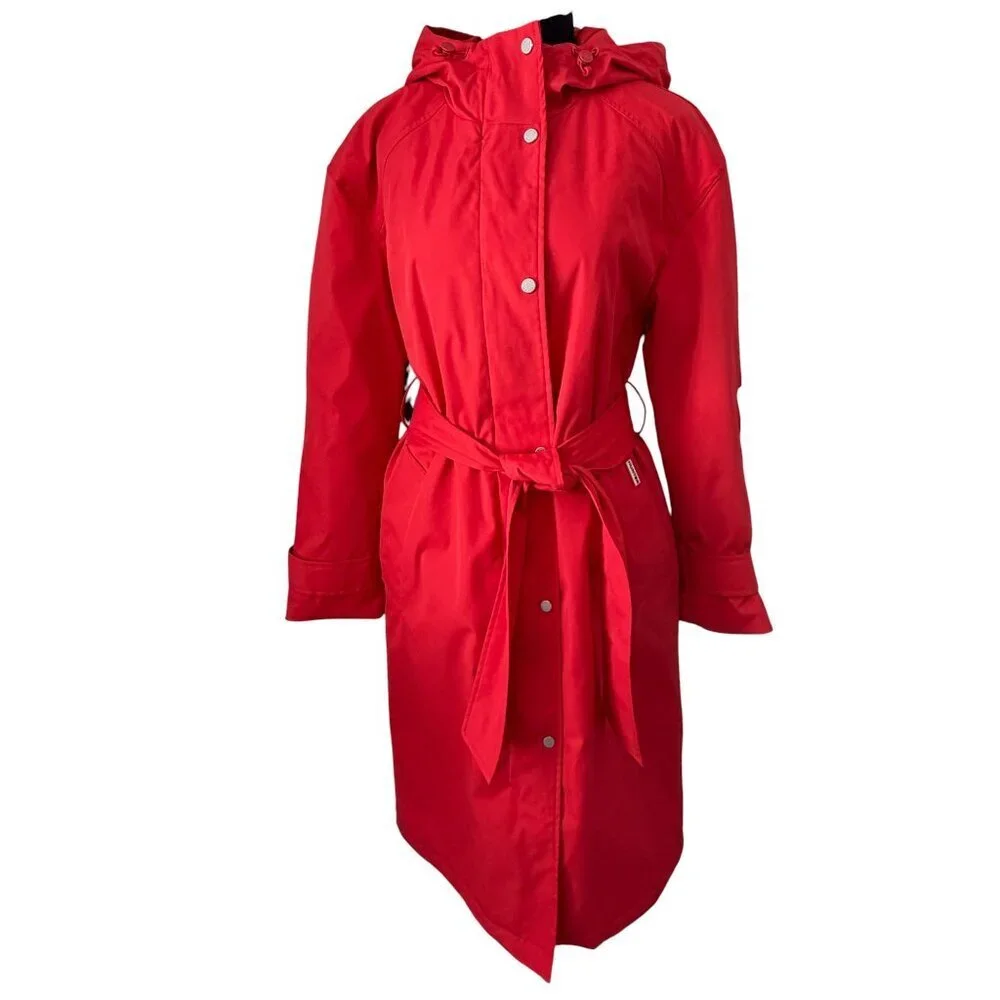 NWT HUNTER Red Chasseur Belted Insulated Hooded Long Trench Coat Small - Picture 3 of 16